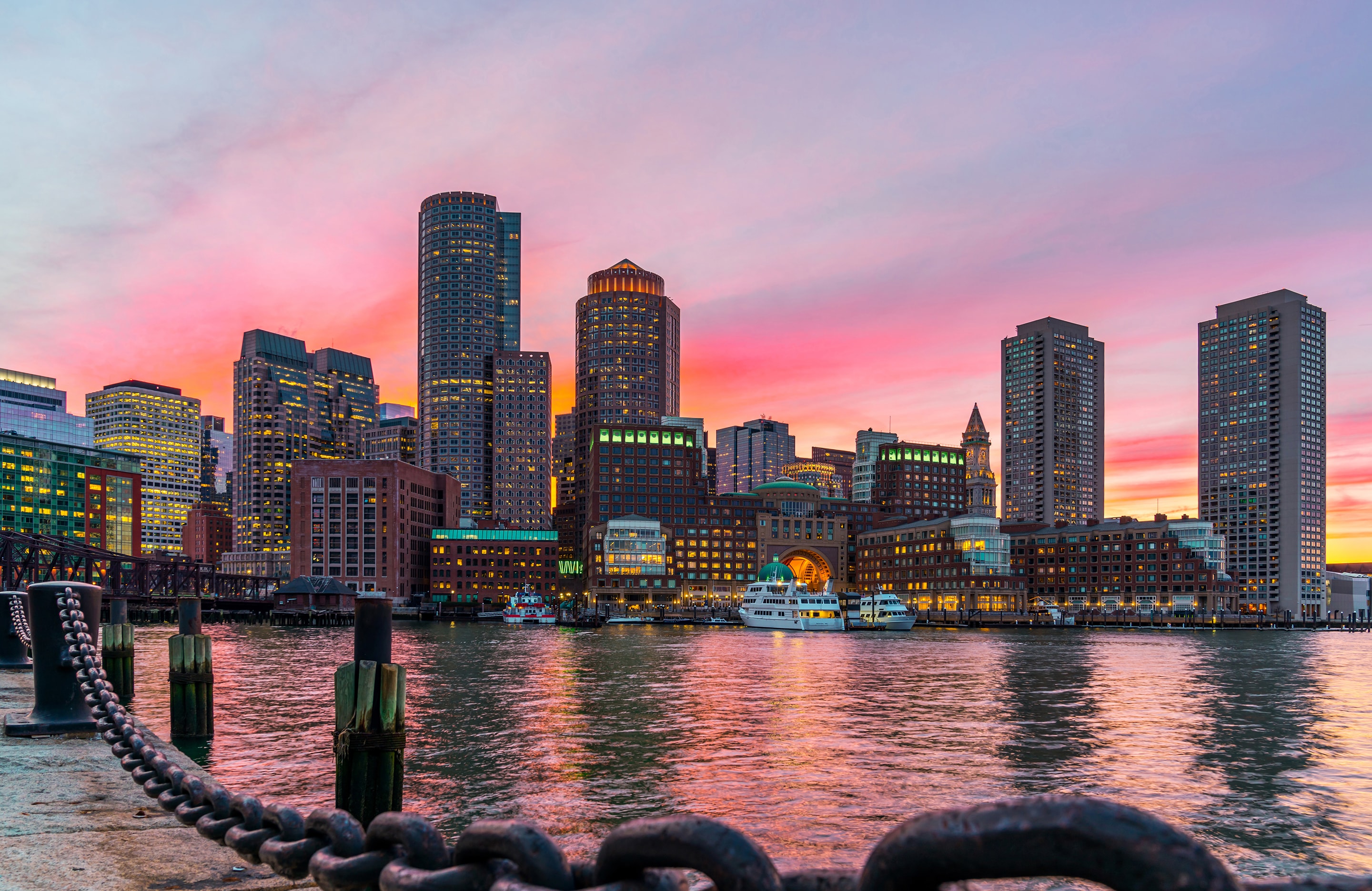 Boston city skyline at sunset.