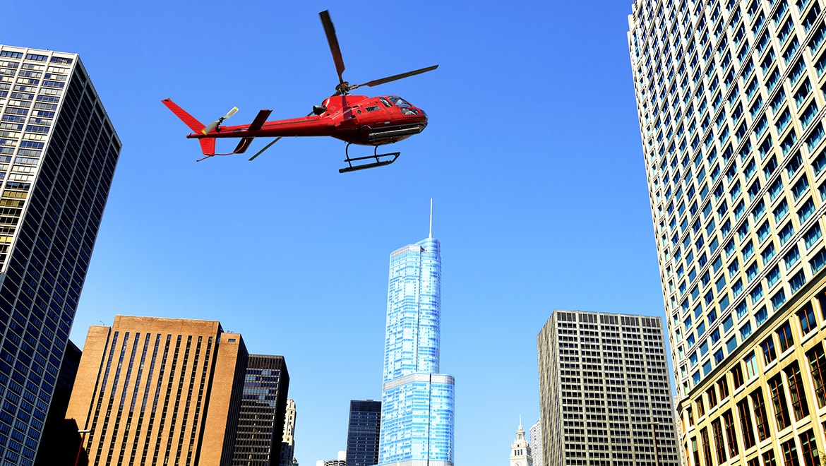 Helicopter flying over the city