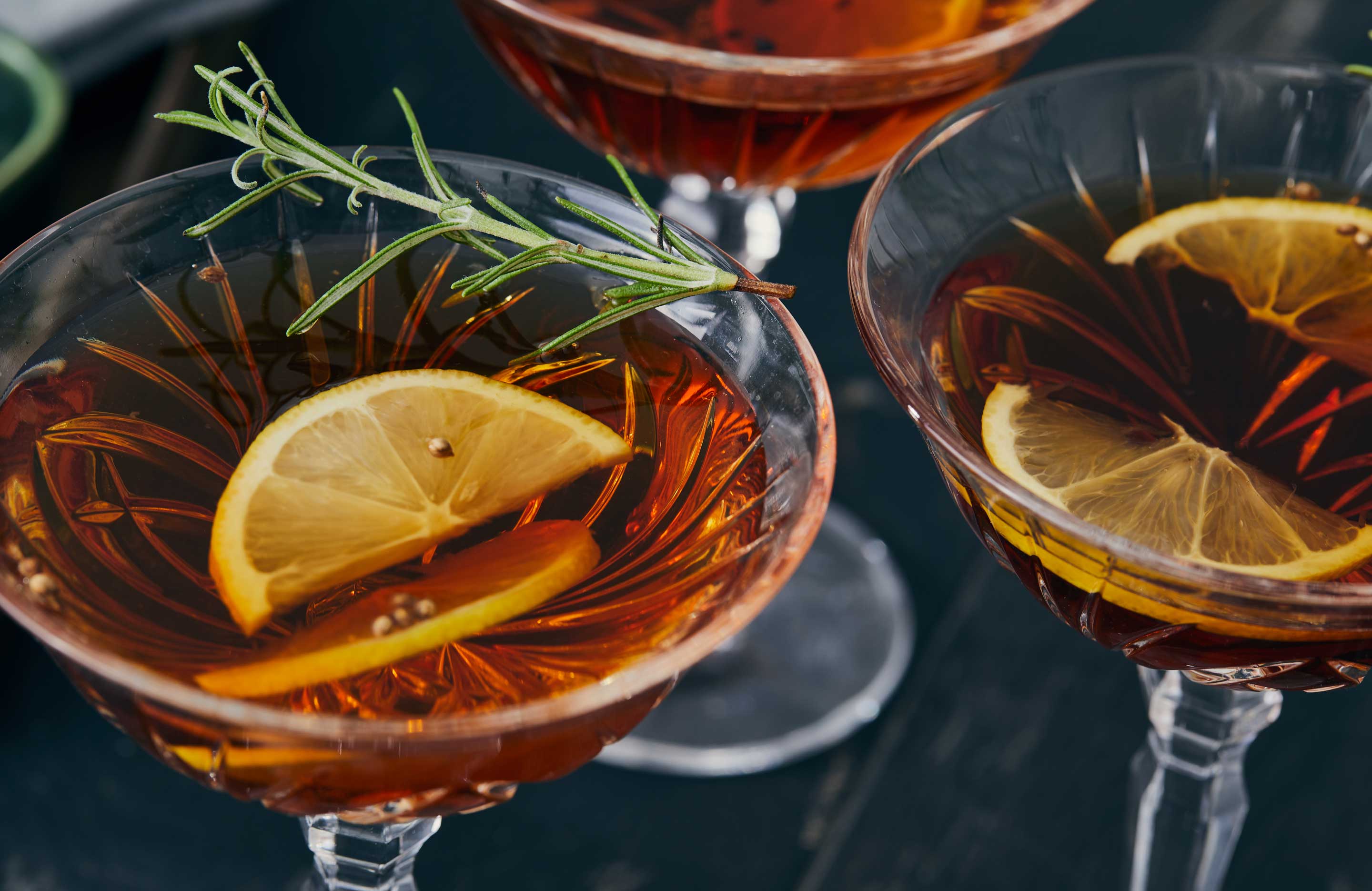 Three fancy cocktails