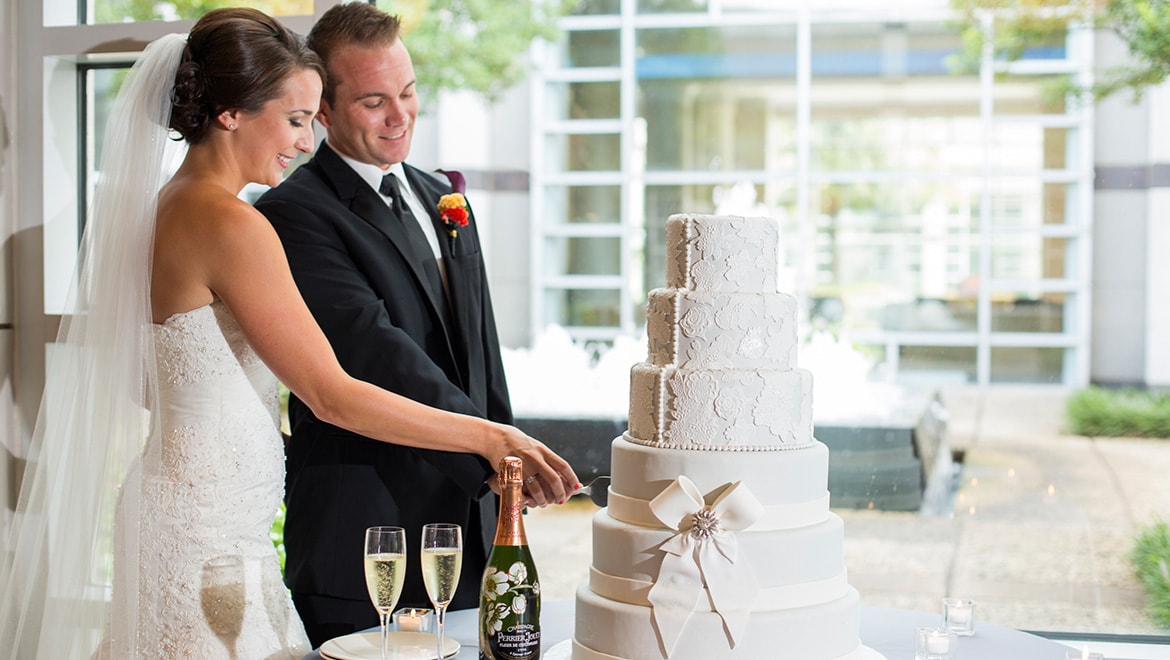 Newlyweds cutting cake
