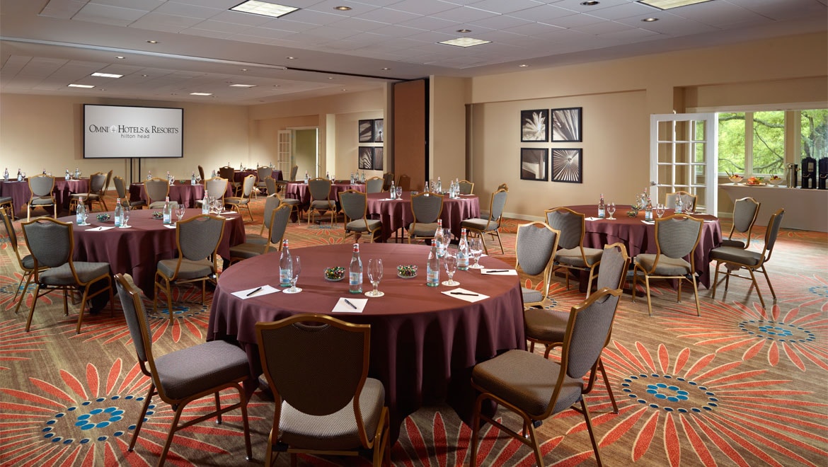 May River meeting room set with cresent round tables