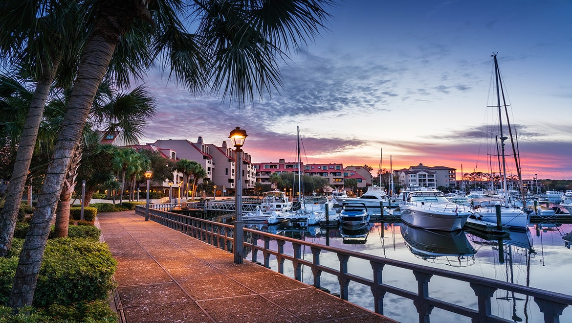 Palmetto Dunes Waterfront Shopping Plaza at Sunset
