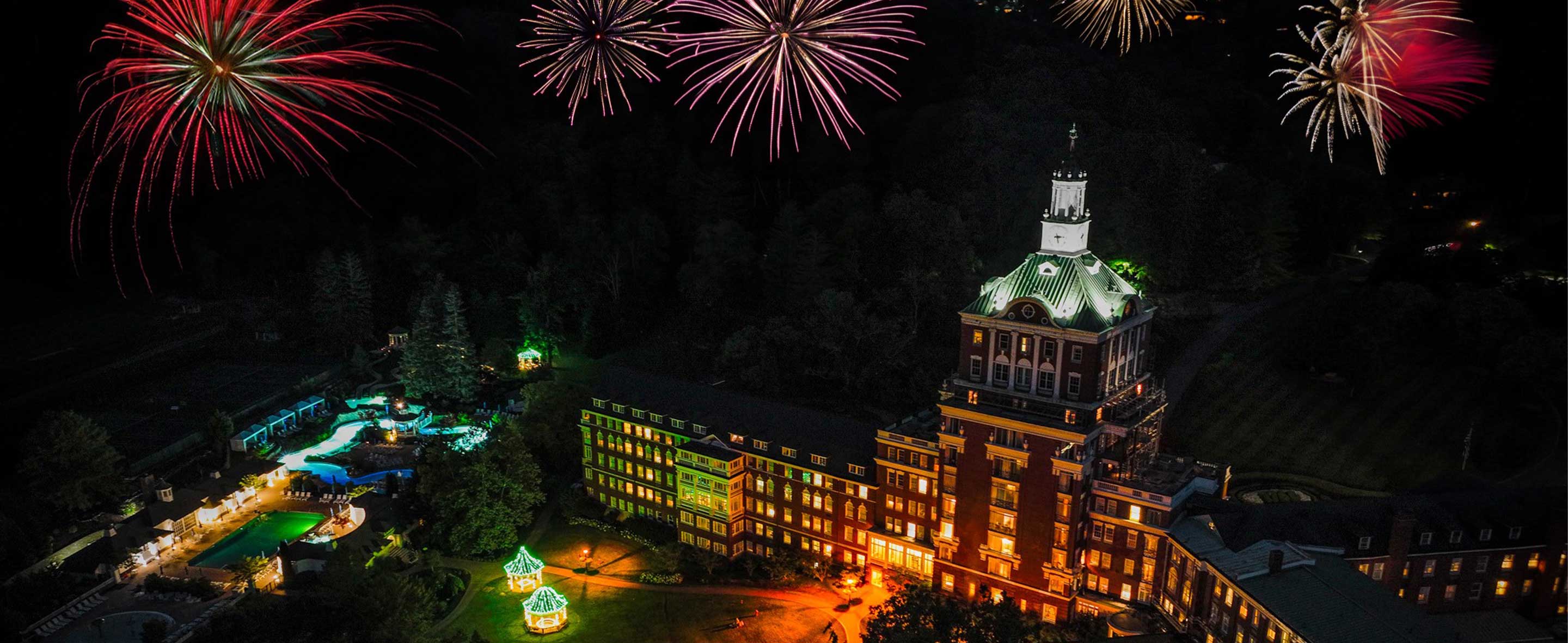 Fireworks display outside of hotel entrance
