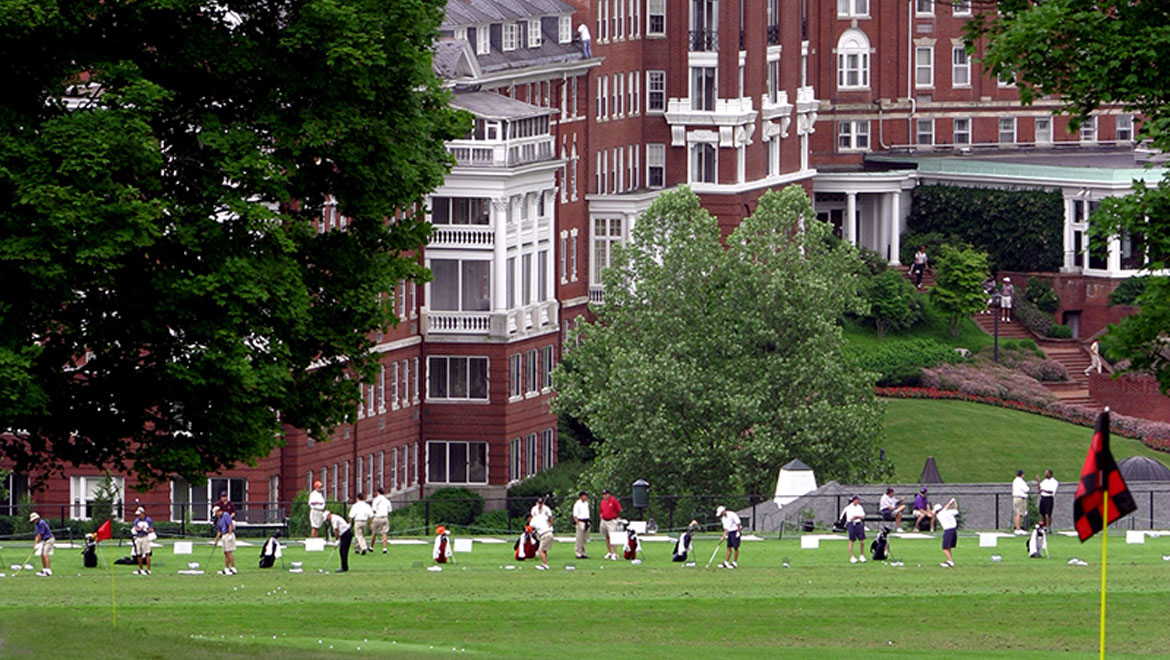 Group golf practice at the Omni Homestead
