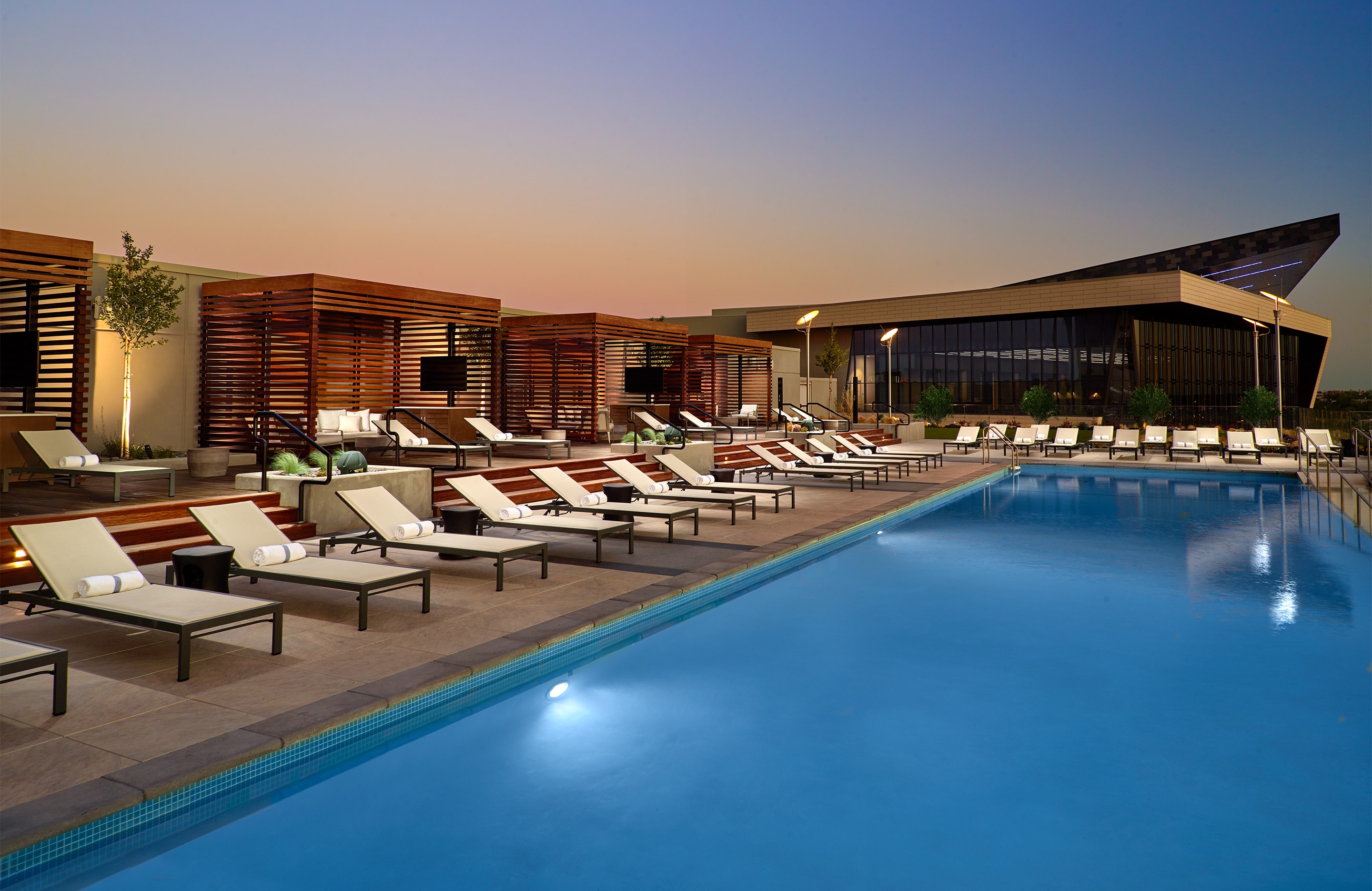 Rooftop pool at dusk.