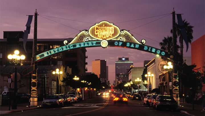 Gaslamp Quarter sign lit up at night