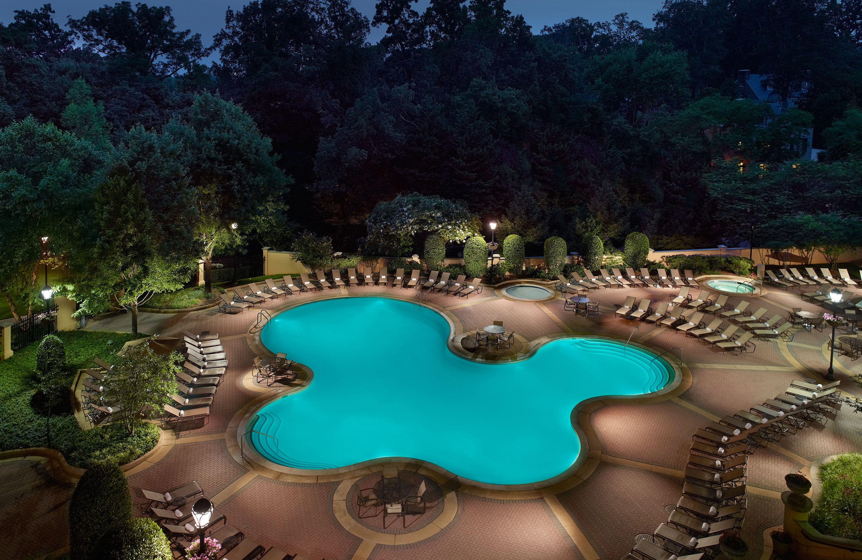 Aerial view of pool at night.